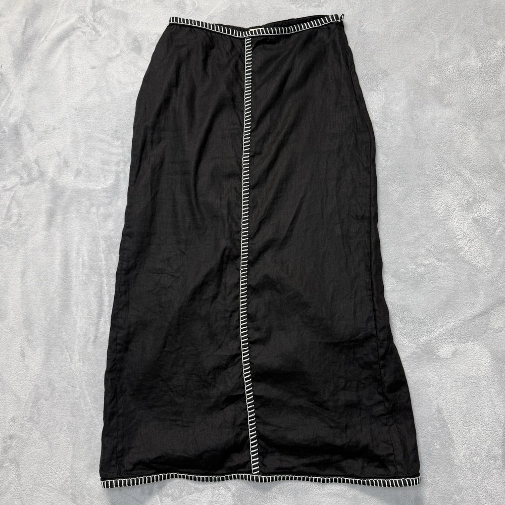 Magaschoni 100% Linen Midi Skirt Womens 8 Black White Contrast Stitch Slit